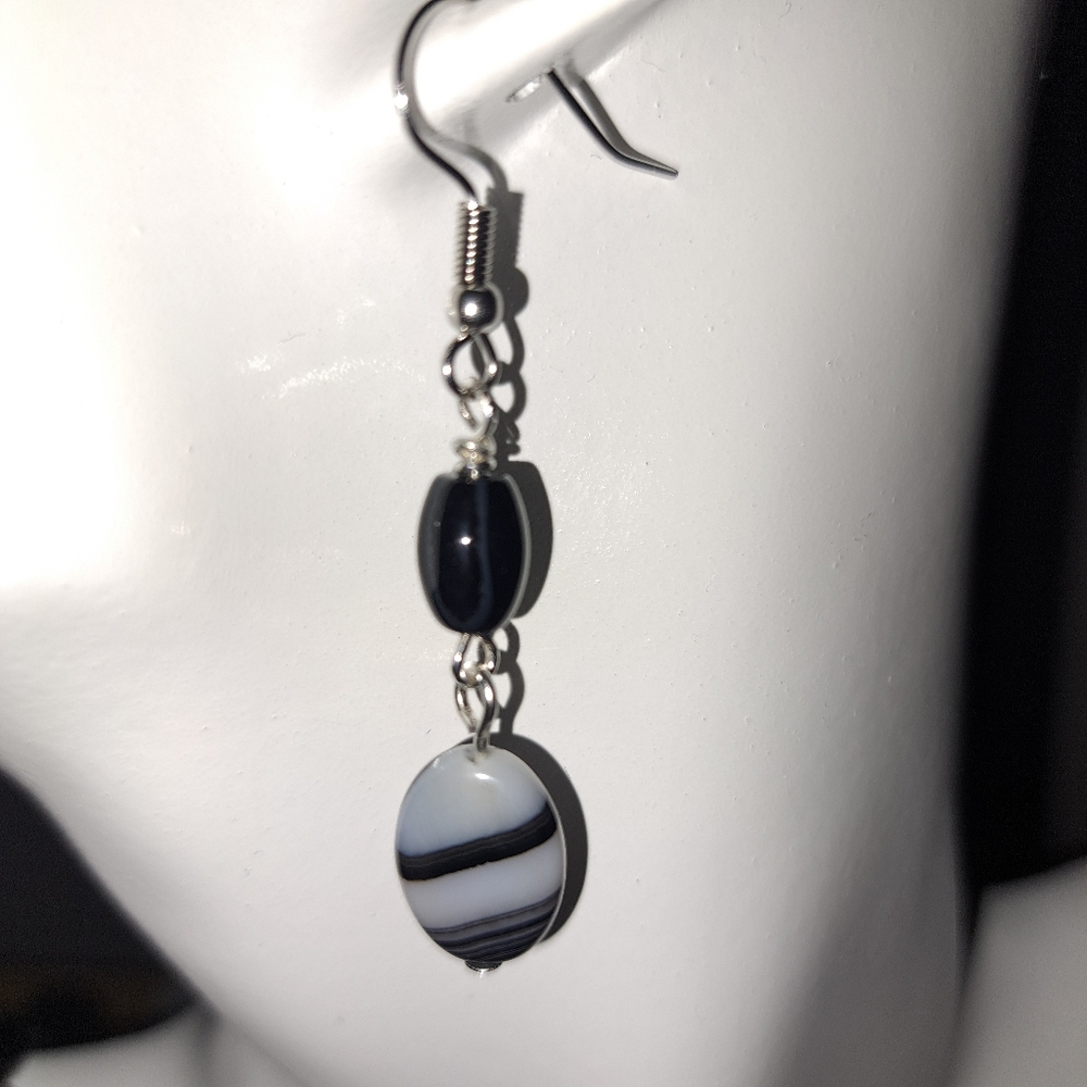 Black & White Banded Agate Dangle Earrings, Stainless Steel Ear Hooks